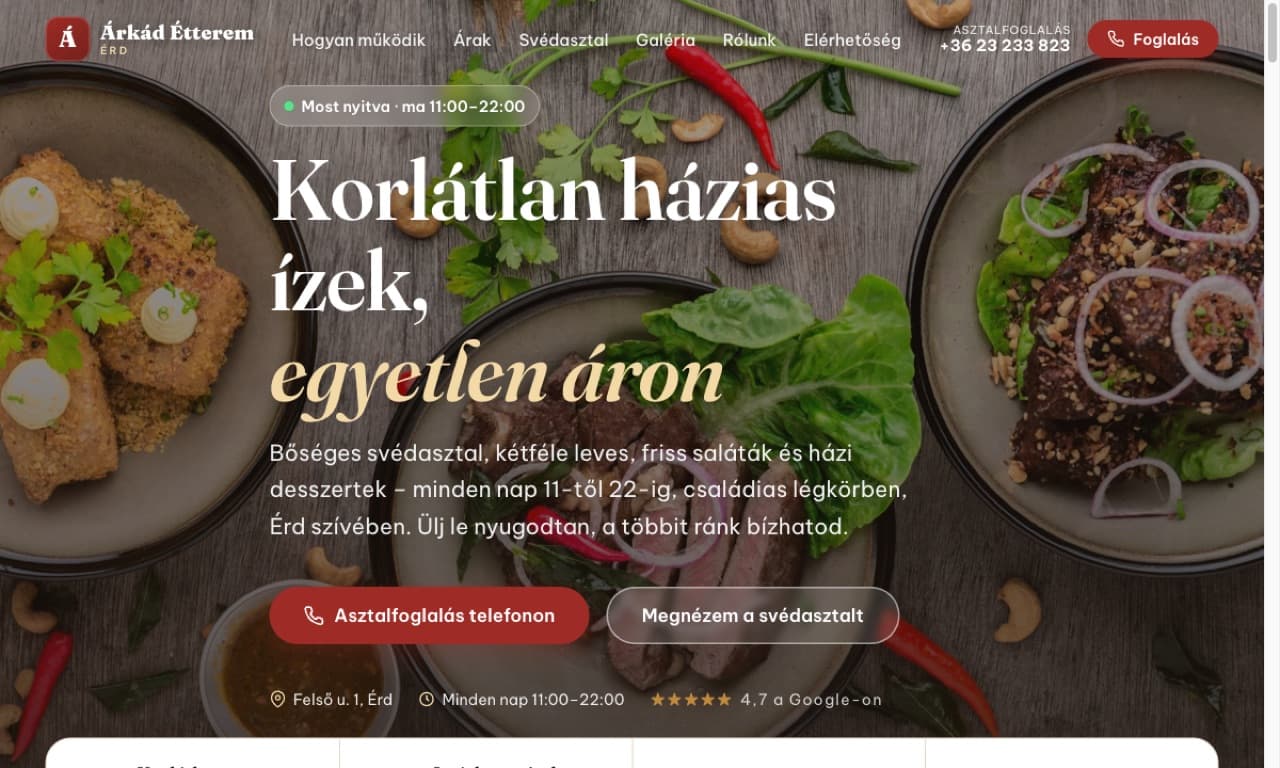 Árkád Étterem, weboldal